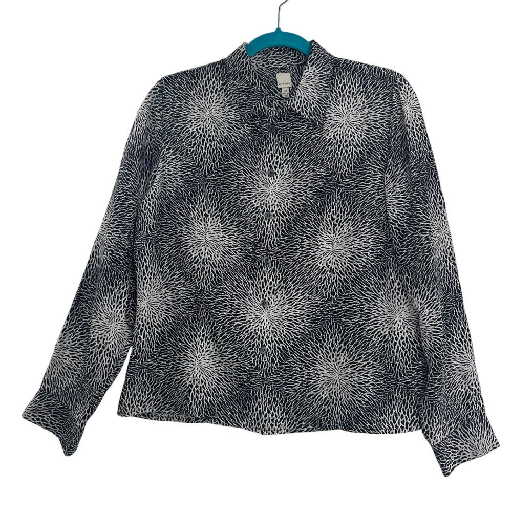 Anne Klein 100% Silk Button Down Shirt Black White Abstract Pattern Women Sz 12